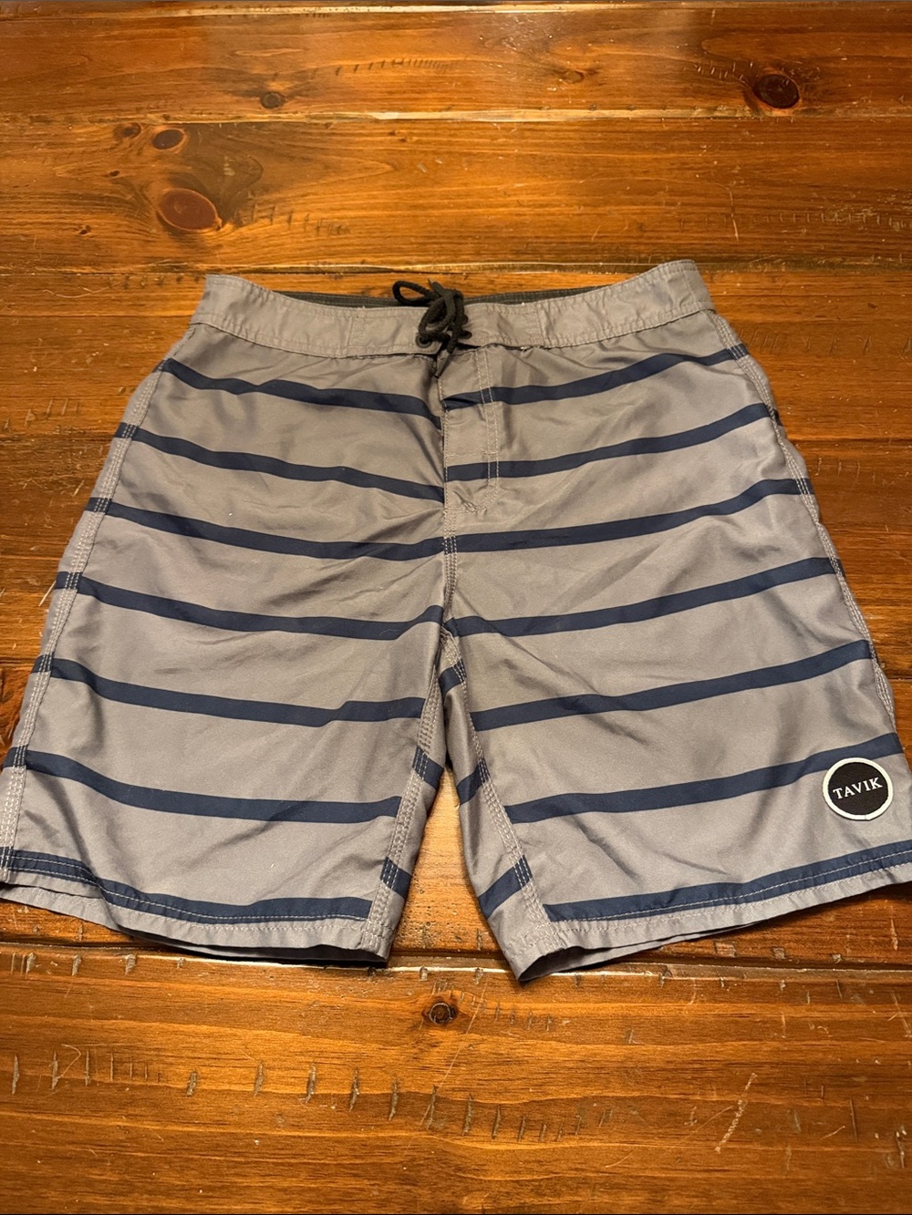 Tavik Men's Gray Swim Shorts with Navy Stripes size 32”